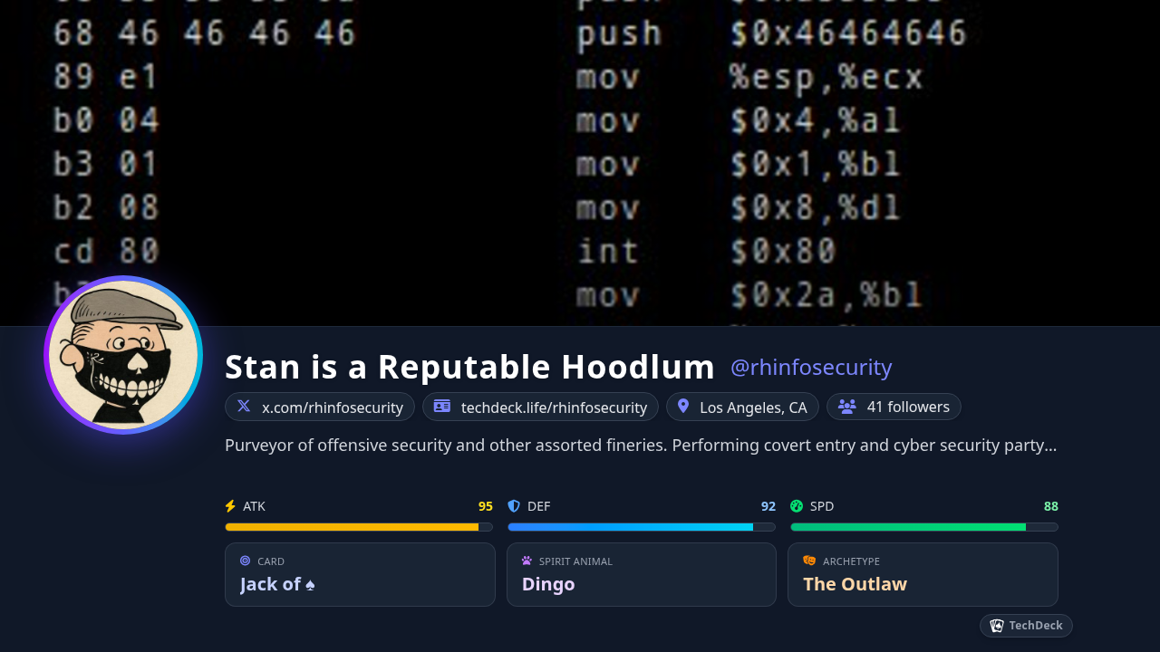 Stan is a Reputable Hoodlum's TechDeck Business Card