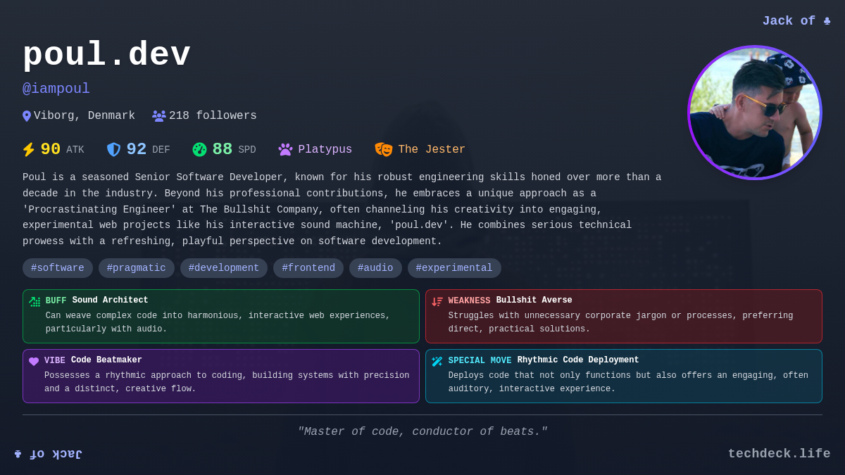 poul.dev's TechDeck Profile Card