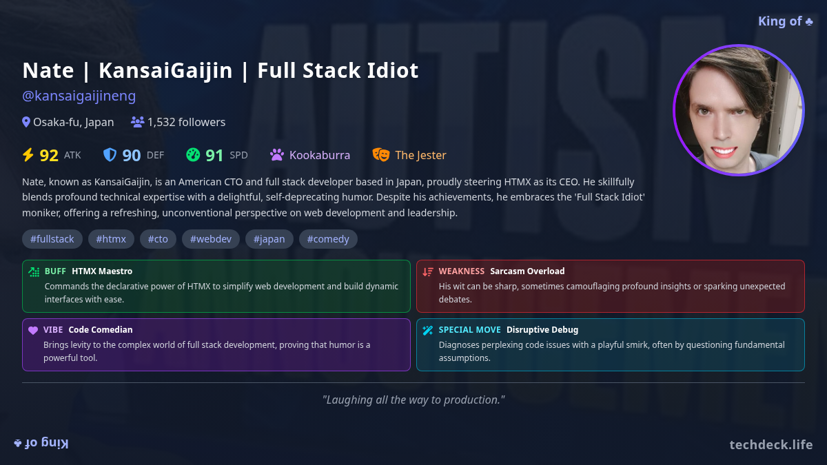 Nate | KansaiGaijin | Full Stack Idiot's TechDeck Profile Card