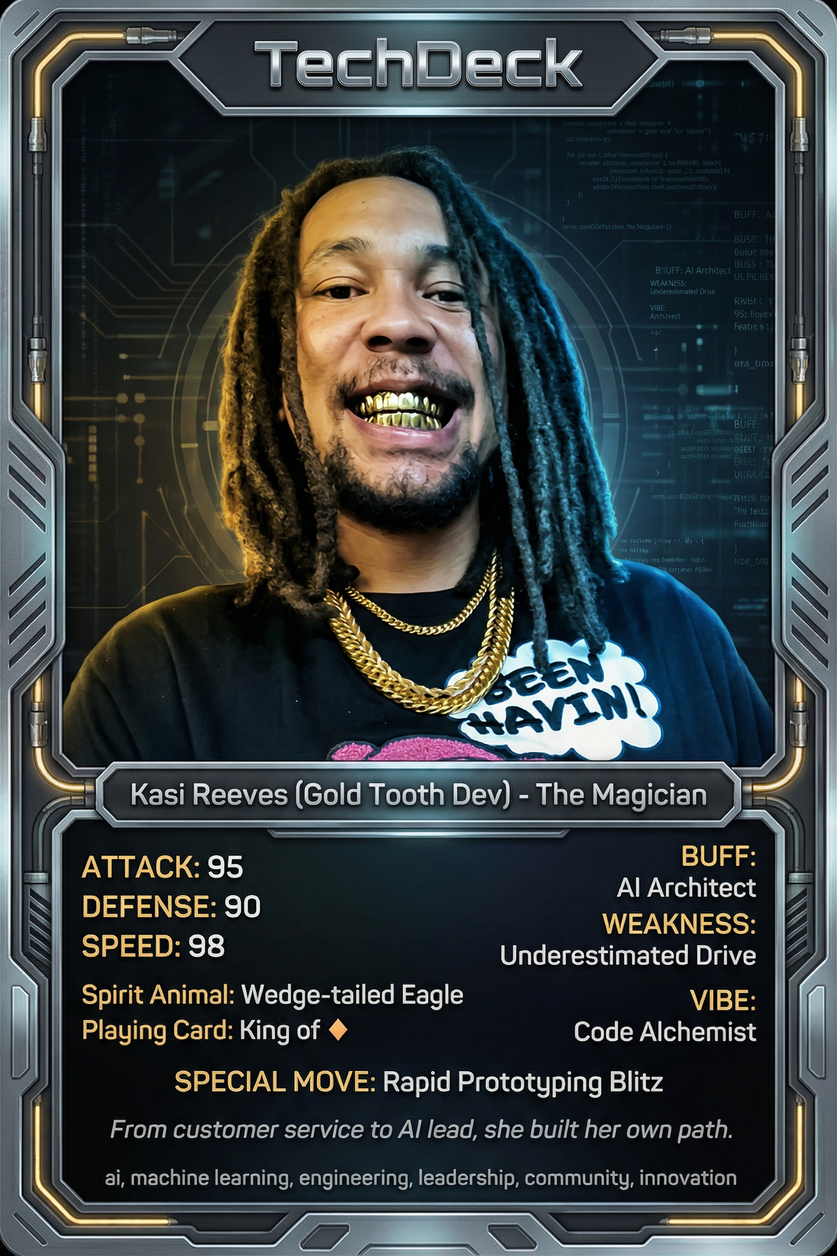 Kasi Reeves (Gold Tooth Dev)'s TechDeck AI Generated Card
