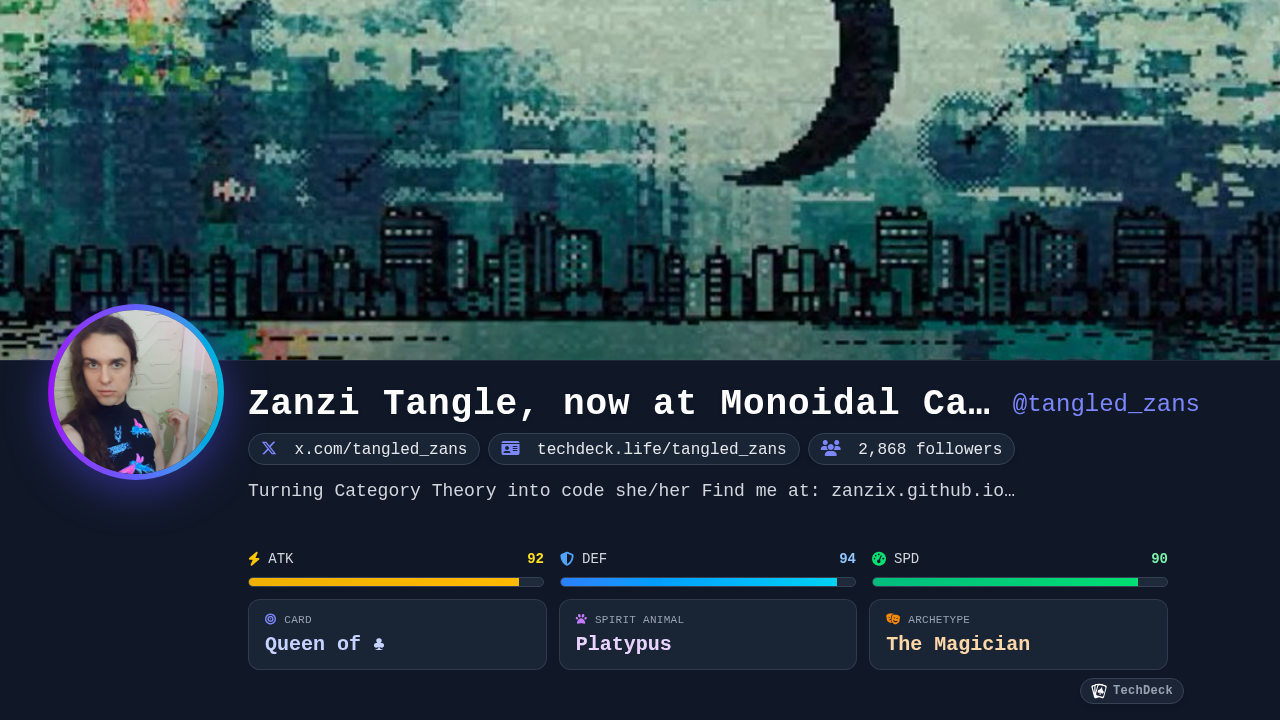 Zanzi Tangle, now at Monoidal Cafe's TechDeck Business Card